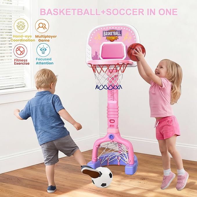 Toddler Basketball Hoop Indoor, 2-in-1 Adjustable Kids Basketball Hoop and Soccer Goal for Ages 1-3 3-5, Mini Baby Basketball Hoop Set with 4 Balls for Girls Child Indoor Outdoor Poolside Pink