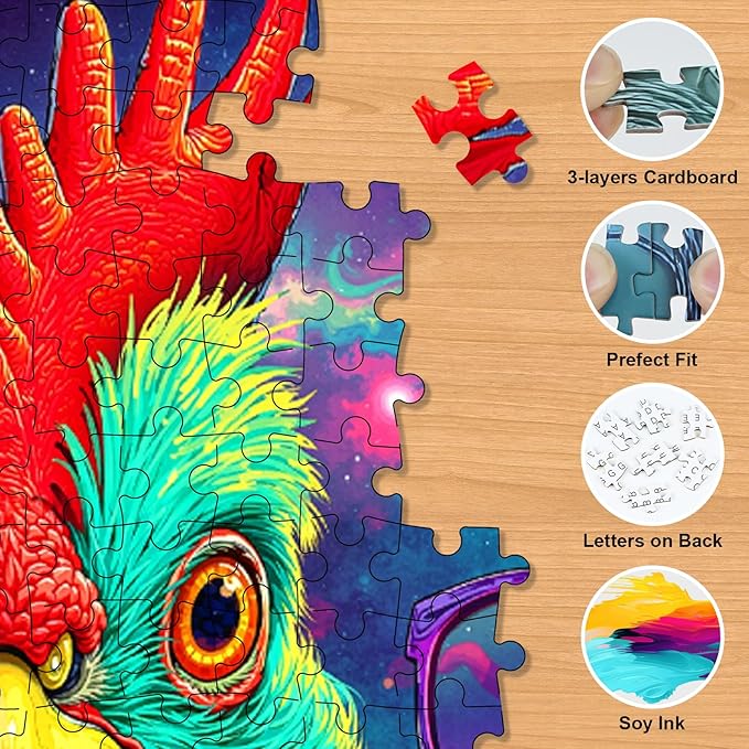 Funny Chicken Puzzles for Adults 500 Pieces - Abstract Chicken Jigsaw Puzzle, Colorful Roosters Puzzles with Letters on Back, Challenging Hard Difficult Animal Puzzles as Thanksgiving Home Decor
