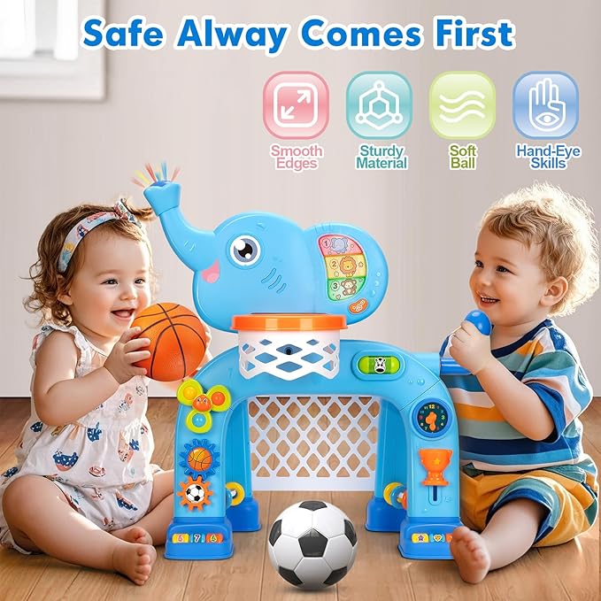 Toddler Basketball Hoop & Soccer Goal, Toys for 1 2 3 Year Old Boys Girls, Kids Sports Toy with Light Sound Music, Montessori Toys for Baby 12-18 Months, Christmas Birthday Gifts for Ages 1-3(Blue）