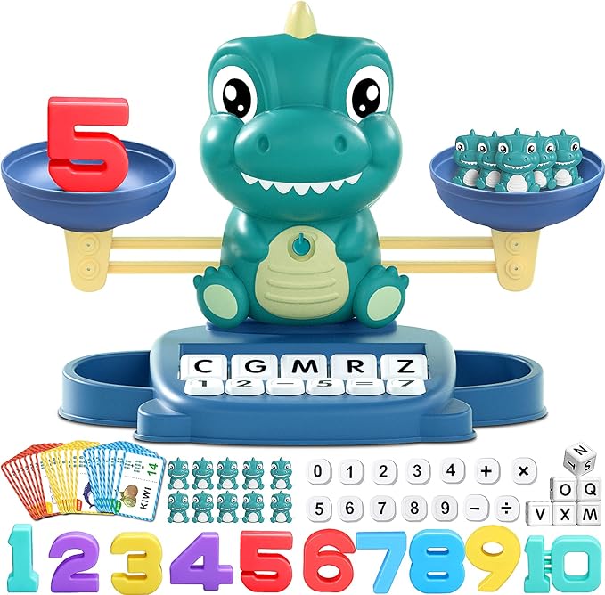 Kaodezhu Dinosaur Math Balance Toy for Boys and Girls - Montessori Matching Letter Toy for Kids 3 Year Olds, Educational Kindergarten Preschool Early Learning, Birthday Gift for 4 5 6 7 Years Old