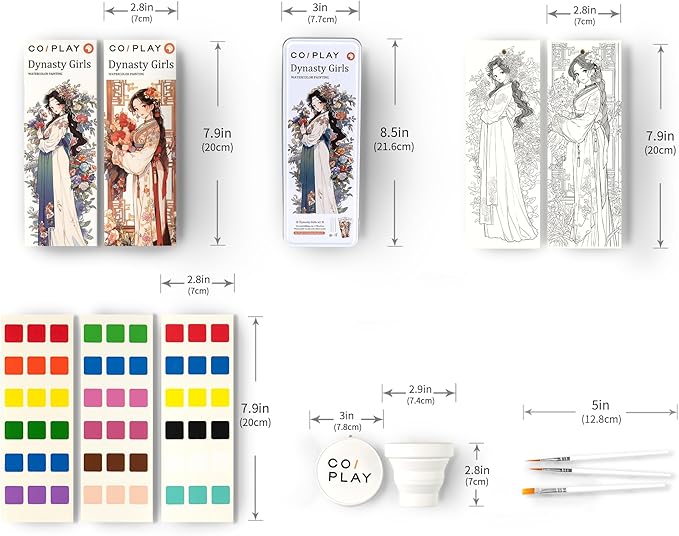 COIPLAY 648 Color Blocks Watercolor Paint Set, 52-Bookmarks, 3 Brushes, Silicone Cup, Dynasty Girls Coloring Books, for All Ages, Travel-Friendly, Easy to Use, All in One Art Supplies Craft kit