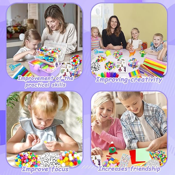 3000 Arts and Crafts Supplies for Kids Craft Kit Craft Box with Pipe Cleaners Arts and Crafts for Kids Age 4-6, 6-8, 8-12 DIY School Supplies Materials Set Toys Gifts for Girls Boys Toddlers, Purple