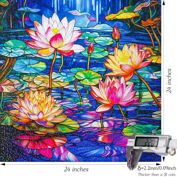Bgraamiens Stained Glass Waterlily Jigsaw Puzzle - 1000-Piece Floral Art for Adults, Color Challenge with Botanical Mosaic Design, Home Decor & Gift Idea