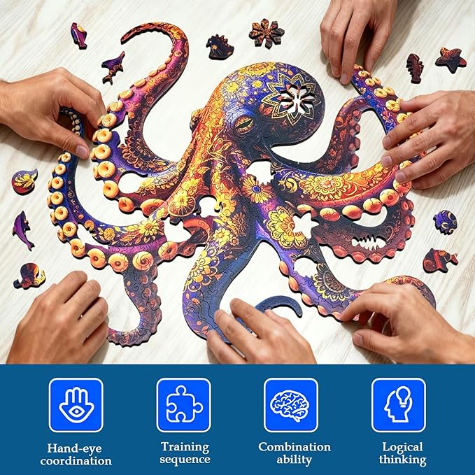 Wooden Jigsaw Puzzles for Adults and Kids, Octopus 200 Piece Unique Shaped Puzzle, Family Game and Creative Wooden Puzzle Gift, Wall Art Decor