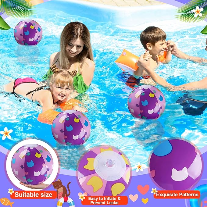 Soulchen Cartoon Cat Themed Beach Balls 7.87" Purple and Pink Cat Inflatable Beach Ball Bulk Cartoon Birthday Party Supplies for Summer Pool Water Game Gifts End of The Year Party Decoration