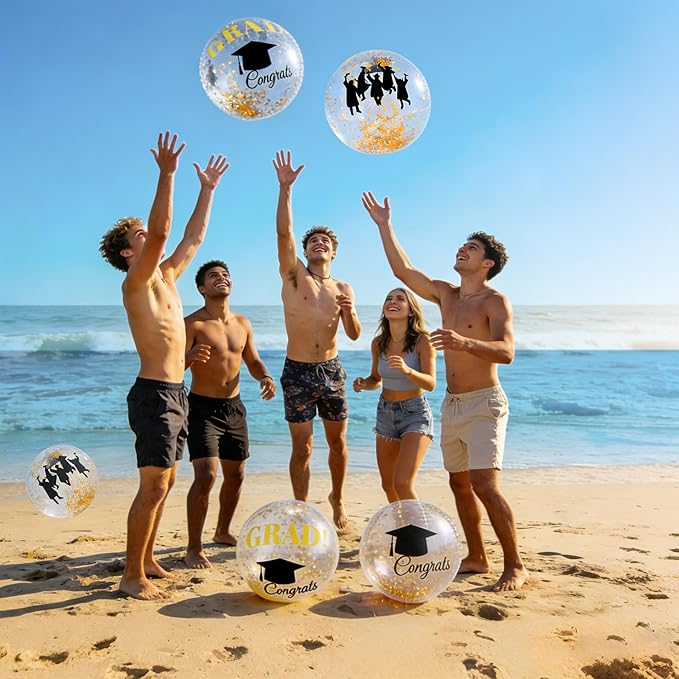 Forwe Graduation Inflatable Beach Balls, 16 Inc Confetti Glitter Beach Pool Ball Blow up Balloon Toys for Class of 2026 Swimming Pool Graduation Party Decorations