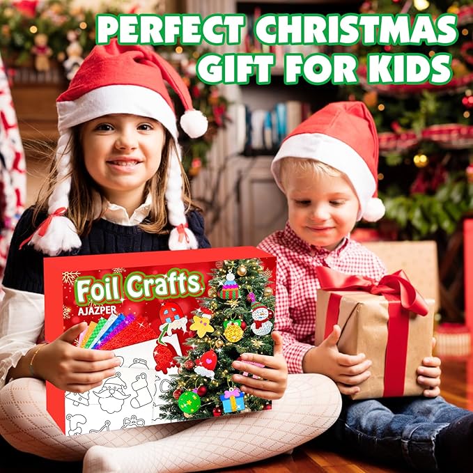 AJAZPER Christmas Foil Crafts for Kids, Christmas Crafts for Kids, DIY Art Craft Set, Creative Travel Activities, Kid Arts and Crafts Kits Gift for Girls and Boys Ages 4 5 6 7 8 9 10 Gifts Toys