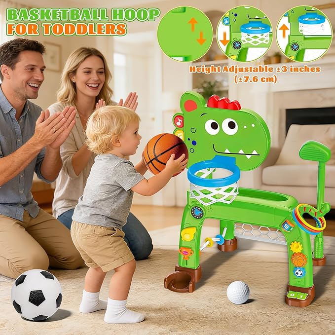 4-in-1 Toddler Basketball Hoop Soccer Goal with Golf Game and Ring Toss, Dinosaur Toys for 1 2 3 Year Old Babies Boys Girls, Kids Sports Toy with Light Sound Music, Xmas Birthday Gifts for Toddlers