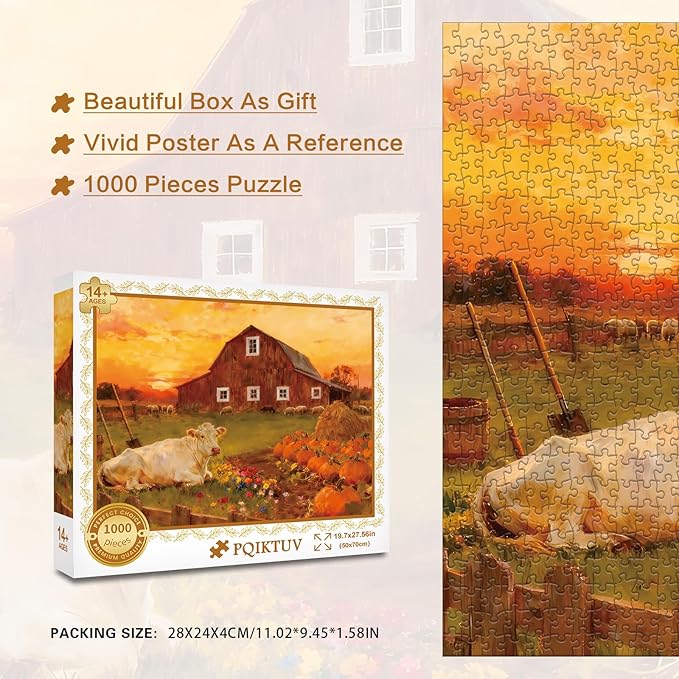 1000 Piece Puzzle for Adults Autumn Harvest Farm Jigsaw Puzzles with Letters on Back Family Impossible Challenging Puzzle Gift for Valentine Friends Parents(27.56x19.7 Inch)
