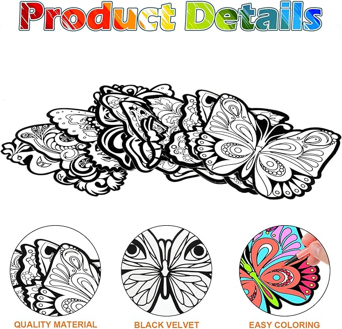 Motipuns 24 Pcs Butterflies Velvet Coloring Fuzzy Posters Color Your Own Velvet Butterflies DIY Posters for Crafts and Arts Family Craft Project Spring Party Accessories and Activities(Classic Style)