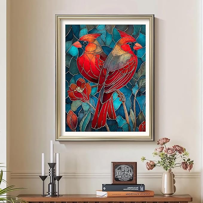 Wooden Puzzles for Adults - Cardinals Stained Glass Unique Shaped Pieces, 500 Pieces Flower Cardinal Bird Art Puzzle, Beautiful Home Wall Decor & Gift for Bird Lovers, Family Game, 11.8 * 15.7in