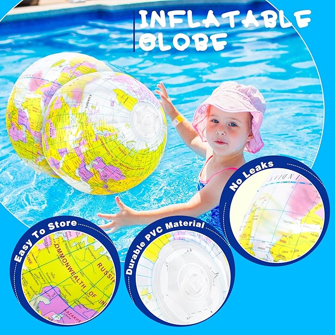 16 inches Inflatable Globe Blow up World Globe PVC Earth Beach Ball Globe Toys for Kids Swimming Pool Game Classroom Playing or Teaching Party Favors Decorations