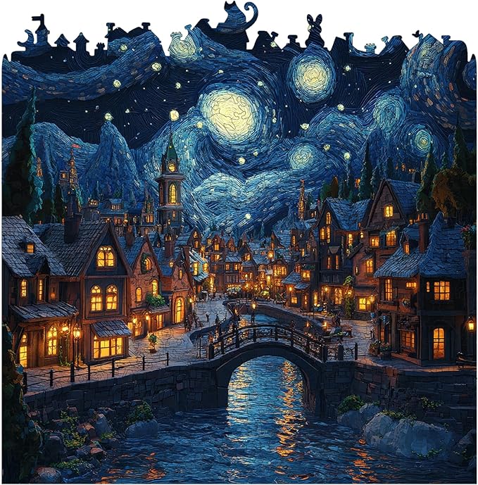 Jiroinlly Wooden Puzzles for Adults 500 Pieces, Starry Sky Town, 5MM Thick Adult Jigsaw Puzzles, Unique Shaped Puzzle for Family and Friends, Home Wall Decor, Exquisite Packaging Gift, 15.5x15.8 in