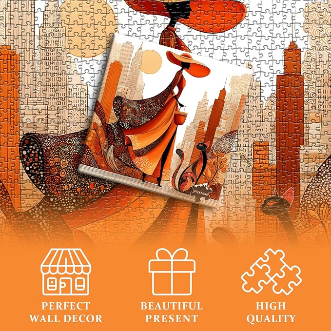 Impossible Puzzle for Adults 1000 Pieces, PICKFORU Orange Time Jigsaw Puzzle Beauty Women Aesthetic Art, Cat Elegant Lady Challenge Puzzle