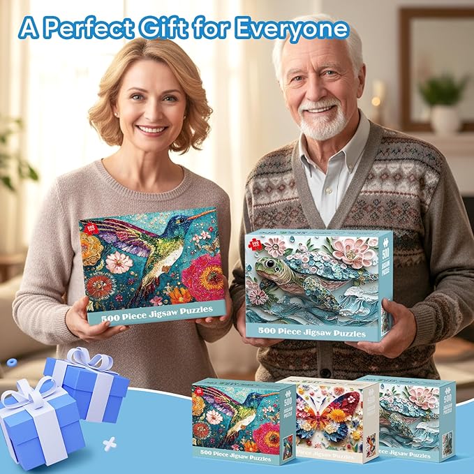 3 Pack 500 Piece Puzzles for Adults, Colorful Butterfly Flower Turtle Hummingbird Puzzle for Adults Seniors, Unique Jigsaw Puzzle, Challenging Family Games Gifts for Friends Men Women 20.5 * 15In