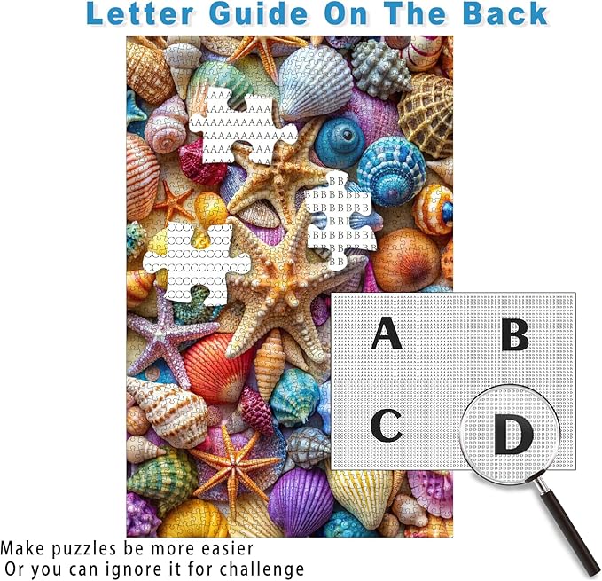 Jigsaw Puzzles for Adults 1000 Pieces-Colorful Seashell and Starfish, 1000 Piece Puzzle for Adults with Letter on Back No Dust, Beach Puzzles with 1:1 Poster(27.6"x19.7")