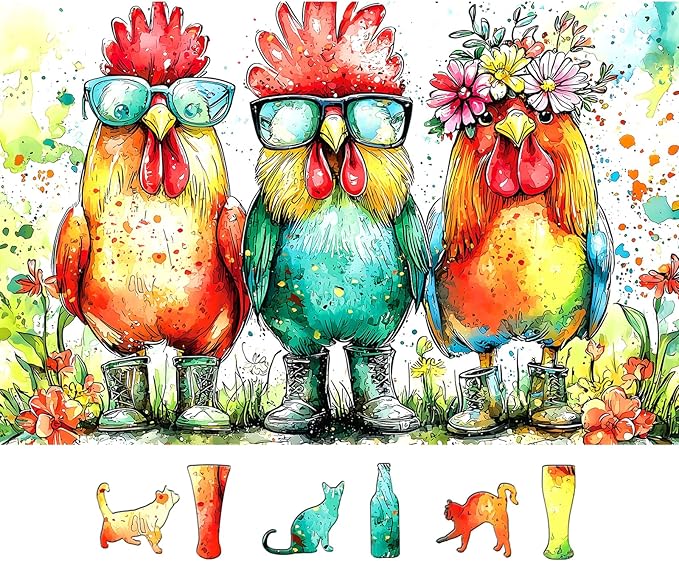 Colorful Roosters 500 Piece Puzzles for Adults Watercolor Farm Animal Jigsaw Puzzles Fun Roosters Wearing Sunglasses Puzzle with Letters on Back Challenging Family Seniors Puzzle (23"X15")