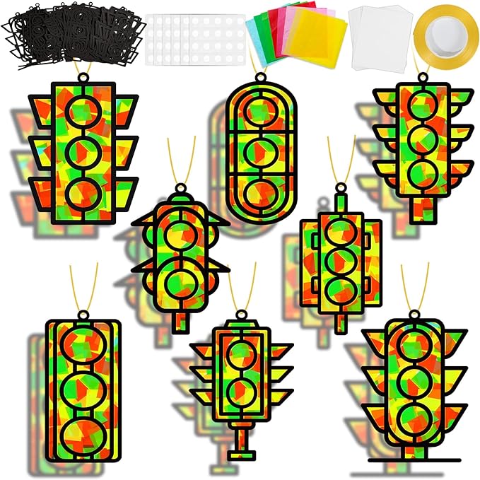 QOUBAI 32 Sets Traffic Light Suncatchers Craft Kit DIY Window Stained Glass Effect Traffic Lamp Paper Crafts Home School Classroom Decoration Kid Birthday Gift Creative Art Project Activity Game