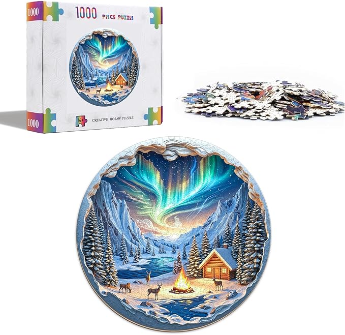 Northern Lights Puzzles for Adults 1000 Pieces, Winter Snow Scene Cabin Bonfire Jigsaw Puzzles 1000 Pieces for Adults, Fun Puzzles with Letters On Back, Challenging Game Toys (26.5 * 26.5in)