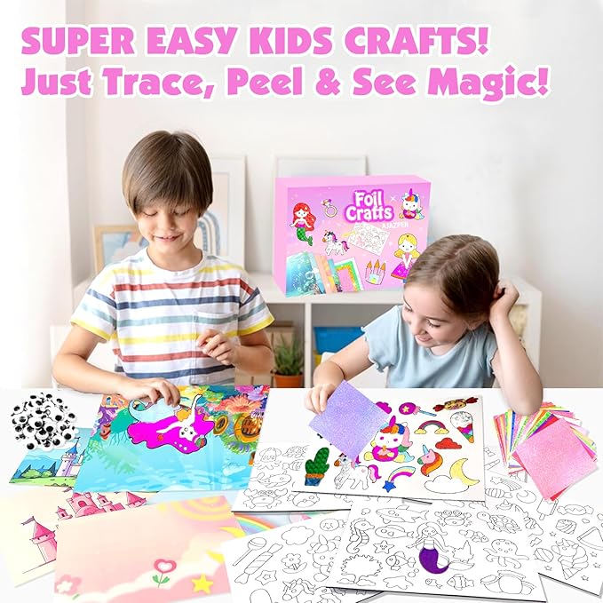 AJAZPER Foil Crafts for Kids, Arts Kit for Kids, Art & Craft Supplies Kits, DIY Creative Activity Travel Toy Gift, Ideal Birthday Christmas Party Favor Gifts for Girls Boys Ages 4+ (Pink)