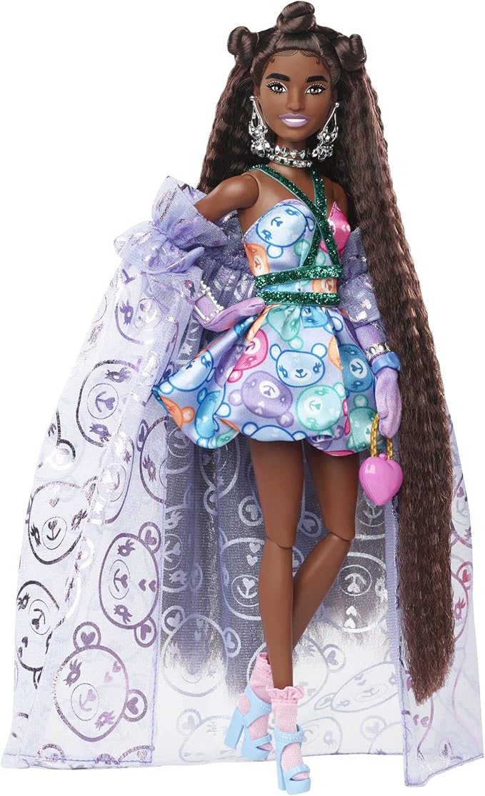 Barbie Extra Fancy Fashion Doll & Accessories Dressed in a Teddy-Print Gown with Sheer Train, Plus Teddy Bear Pet