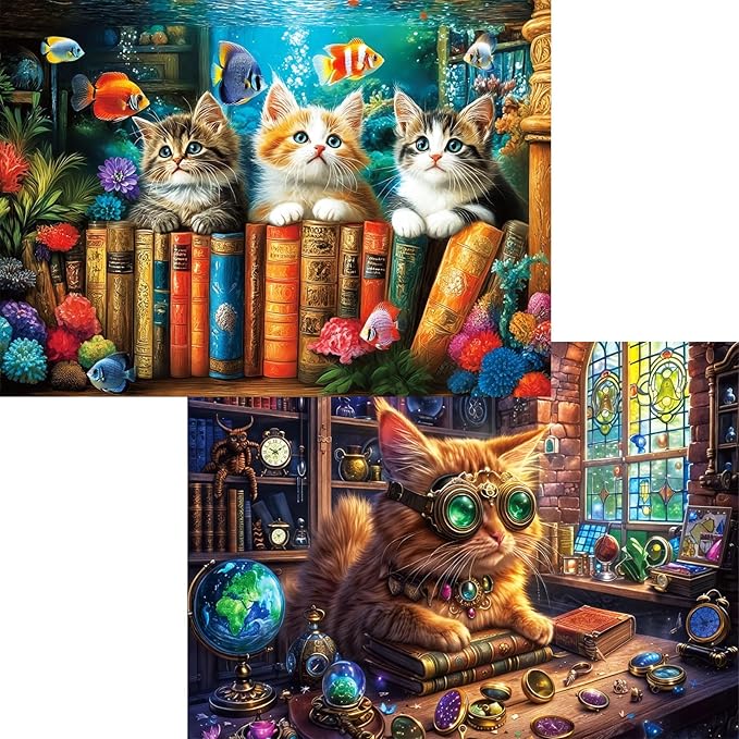 Enchanted Cat Jigsaw Puzzles 1000 Pieces for Adults, 2-Pack Underwater & Starlight Magic Cats Puzzle, 1000 Piece Puzzle for Adults, Whimsical Cat Puzzles, Challenging Family Fun