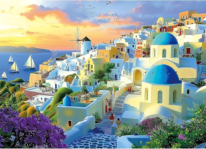 1000 Piece Adult Jigsaw Puzzle Santorini Greece Sunset Beautiful Blue Domed Churches Aegean Sea Village Landscape Puzzle with Letters on Back for Adults Seniors Game Night