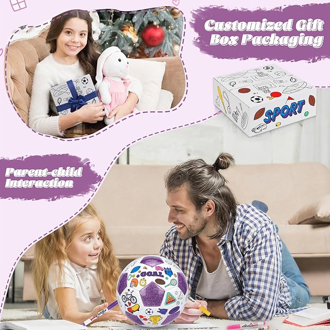 Size 4 Color Your Own Soccer Ball Purple DIY Custom Craft Kit with Pump 12 Markers Personalized Youth Toddler Training Paint Your Own Toy Creative Gift for Kids (Purple Soccer Ball, 4)