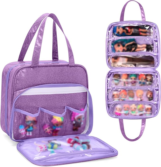 LoDrid Doll Tote Carrying Case Compatible with LOL Surprise Dolls All, Hanging Organizer Storage Bag with 6 Clear Window Pockets for Girls, Bag Only, Purple,(Patent Design)
