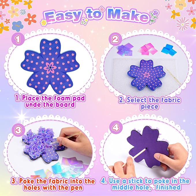 MDINGTD Toys for 4 5 6 7 8+ Year Old Girls, Poke Art Flower Bouquet with 8 Flowers & 2 Butterflies Arts and Crafts for Girls Ages 4-8 DIY Creative Activity Birthday Valentine Gifts Craft Kits
