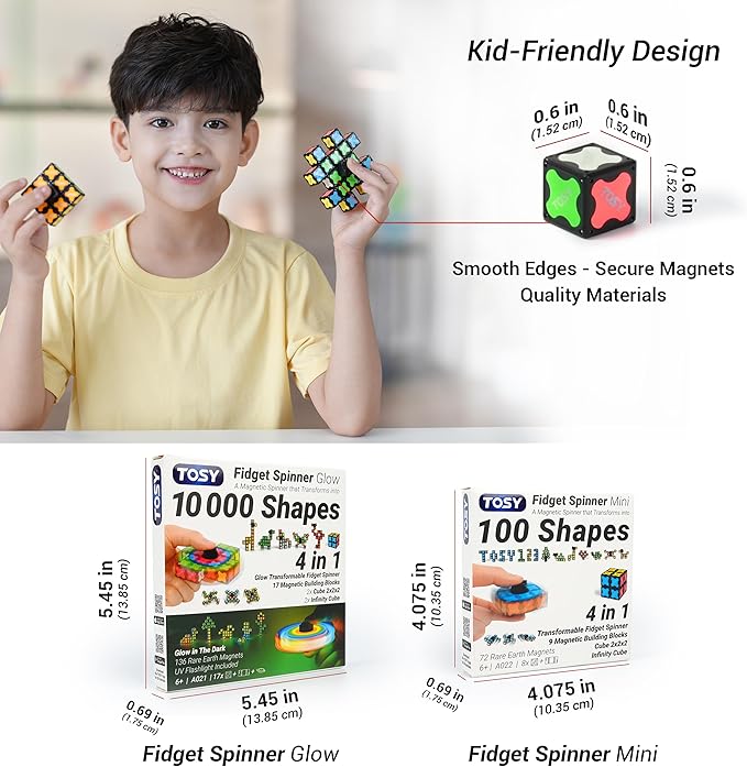 TOSY Magnet Fidget Spinner Mini - 8 Blocks, 3 in 1 Toy: Transformable Fidget Spinner, Infinity Cube, 2x2 Puzzle Cube, Easter Basket Stuffers for Kids/Adults, STEM Sensory Stress Relief Toy