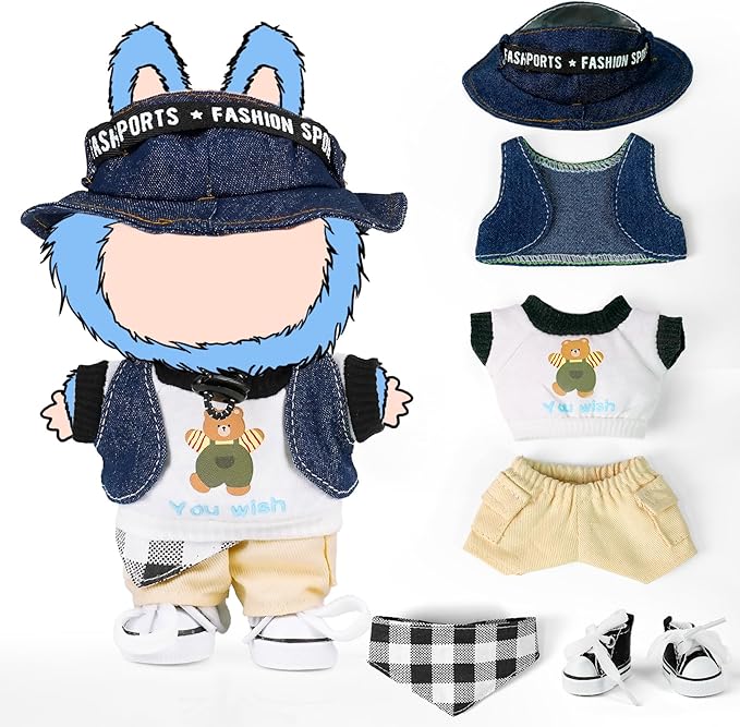 Doll Clothes for 17cm Labubu,Cool Causal Outfit Accessories Clothing for 17cm/6.7inch Doll-Jean Bucket Hat+T-Shirts+Cowboy Vest+Khaki Pants+Canvas+Waist Scarf (White)