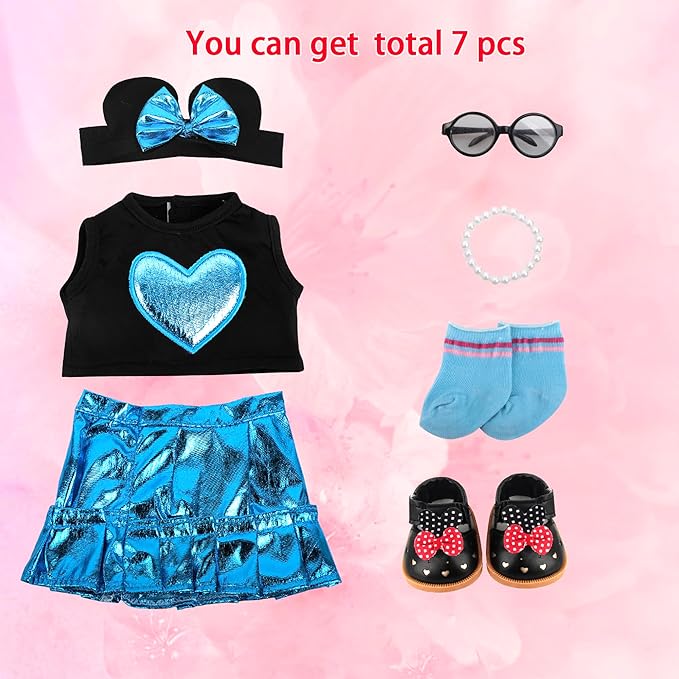 MSYO 18 Inch Doll Pretend Play Set-9 Pcs Party Dress Up Collection with Polka Dot Dress,Bow Headband,Pearl Accent Necklace,Shoes & Glasses for 18 Dolls(Blue)