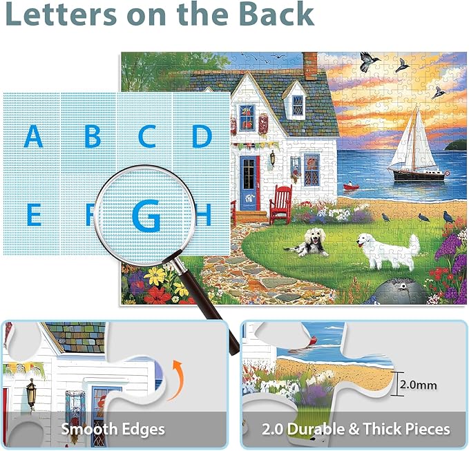 Puzzles for Adults 500 Pieces, Dog Birds Hourse Puzzle, Seaside Jigsaw Puzzles 500 Piece for Adults Seniors, Recycled Cardboard Puzzle for Game Night Family Friends, 20.5x15 in