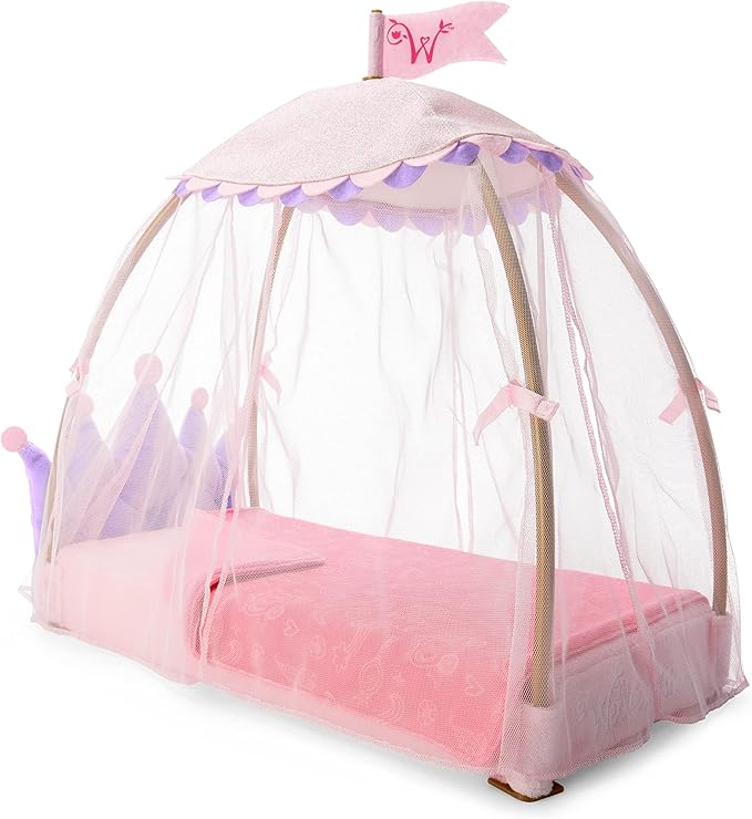 American Girl WellieWishers 14.5-inch Doll Royal Canopy Bed Playset with Mesh Drapes, Flag, and Blanket, For Ages 4+