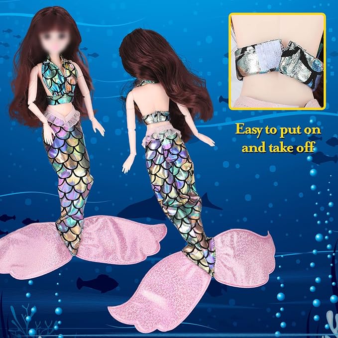 3 Sets Mermaid Doll Accessories Clothes Tail Dress Set Colorful Bikini Swimwear for 11.5-12 Inch Doll(Cute Style,Blue, Pink, Purple)