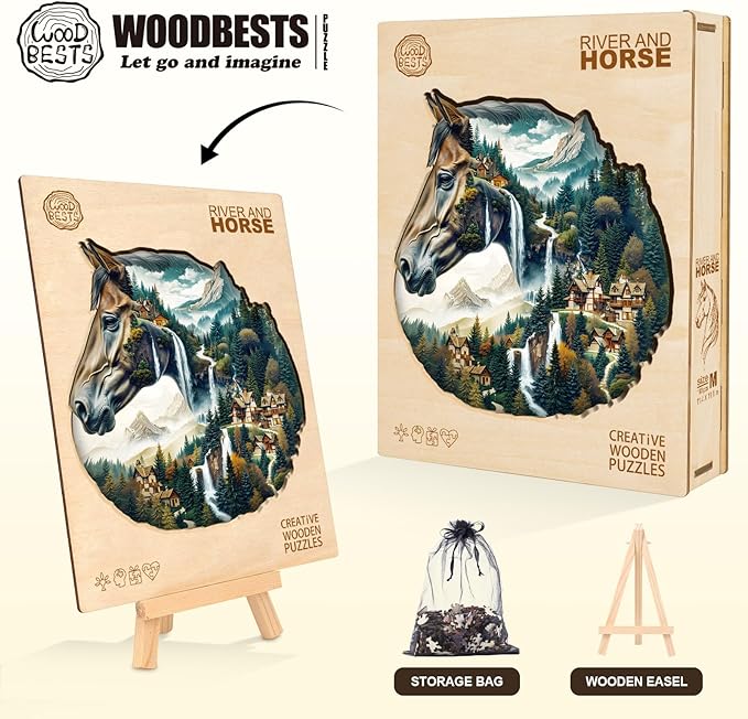 Wooden Puzzle for Adults-River and Horse Wooden Puzzle Unique Shape Advanced Animal Jigsaw Puzzle for Adults, Best Gift, Wood Puzzles, Challenge Wooden Jigsaw Puzzle (M-11.4 * 11.1in-190pcs)