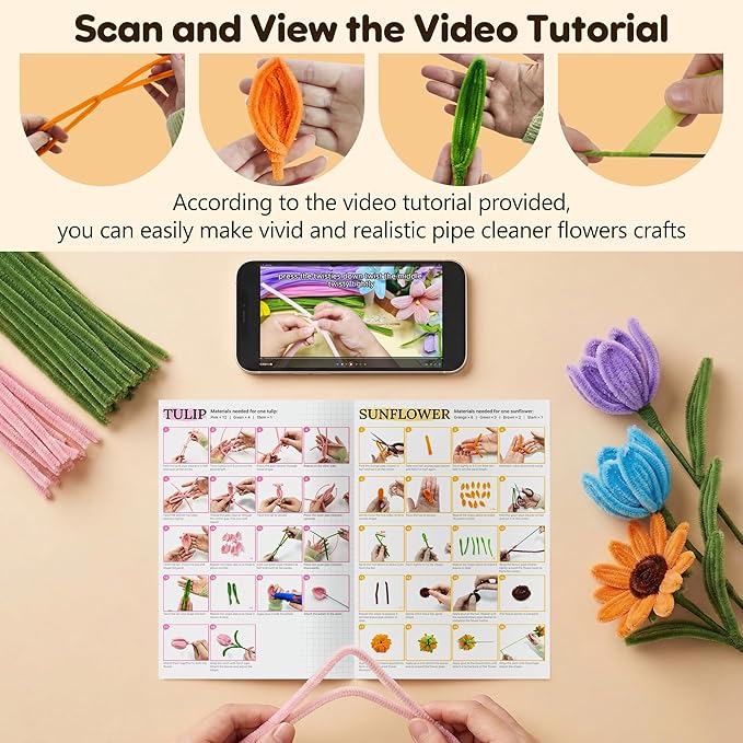 EARLY MINDS 800Pcs Pipe Cleaner Flower Bouquet Kit, 12 Colors Chenille Stems Craft Making Set with Floral Tape, Flower Stems, Gift Wrap & More, DIY Bouquet Handmade Gifts for Mother