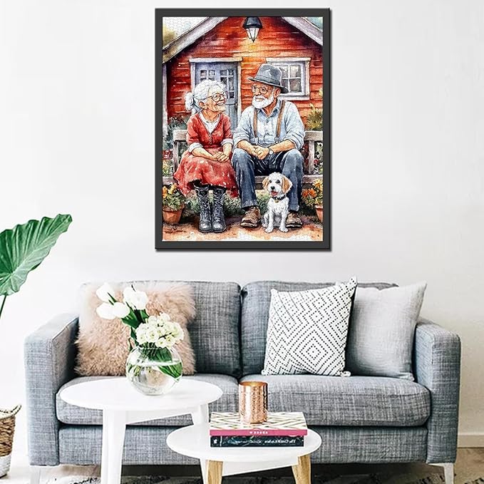 Old Couple Jigsaw Puzzles 1000 Pieces for Adults, Families (Man,Woman,Wooden House,Animal,Dog,Garden) Pieces Fit Together Perfectly 19.7''x27.6''inch Family Performance Frameable Magic Puzzle Art