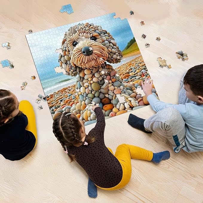 PICKFORU Funny Dog Jigsaw Puzzles 1000 Pieces for Adults, Summer Beach Guardian Dog Puzzle Cute, Interesting Seaside Stone Puppy Theme as Home Decor