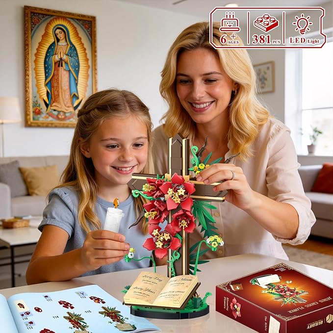 Jesus Cross Flower Building Set, Religious Cross Collectibles Jesus Catholic Building Toys, Christian Crucifix Floral Decor Display, Easter, Christian, Birthday Gift for Kids, Women & Adults (381 PCS)