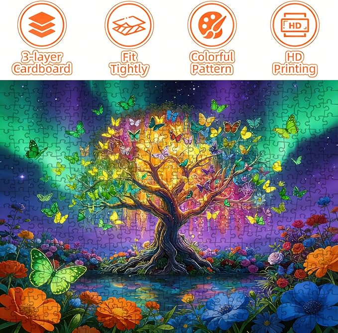 Tree of Life Puzzles for Adults 500 Pieces, Colorful Butterfly Aurora Tree Jigsaw Puzzle with Letters on Back, 21x15 Inch for Family Game Night, Puzzle Gift for Puzzle Lovers
