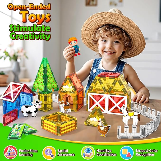 Magnetic Tiles Toys with Farm Animals for 3+ Year Old Toddler, Magnetic Blocks Building Toys for Kids Ages 3-5 5-7 Girls Boys, Classroom Must Haves