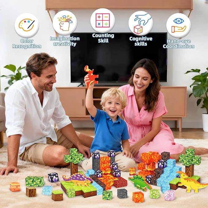 158PCS Magnetic Blocks- 1Inch Magnetic Cubes 3D Dinosaur World for Kids STEM Construction Toys - Learning Educational Magnetic Building Blocks for Boys & Girls Ages 3 -12 Christmas Birthdays Gifts