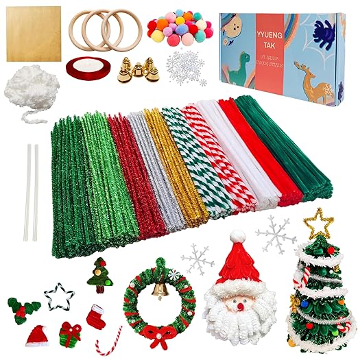 473 Pcs Christmas Pipe Cleaners Craft Set（Various Accessories）,Christmas Craft Kit with Wooden Rings,Card Paper,pom poms,Pearls for DIY Decorations,Christmas Party Supplies & Creative Gift