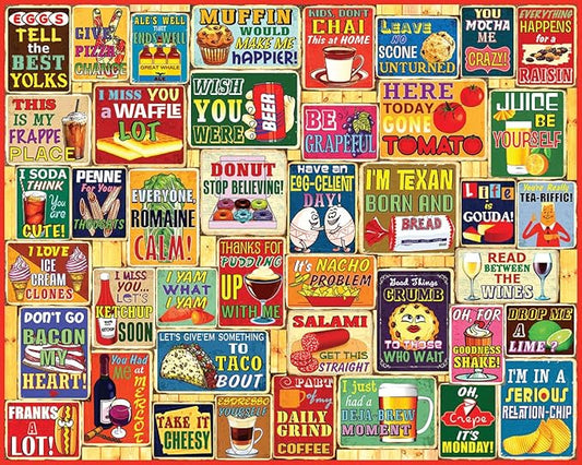 White Mountain 1000 Piece Jigsaw Puzzle Fun Food Sayings Collage Puzzles with Large Pieces for Adults and Family 24"x30" - Food & Drink Puns