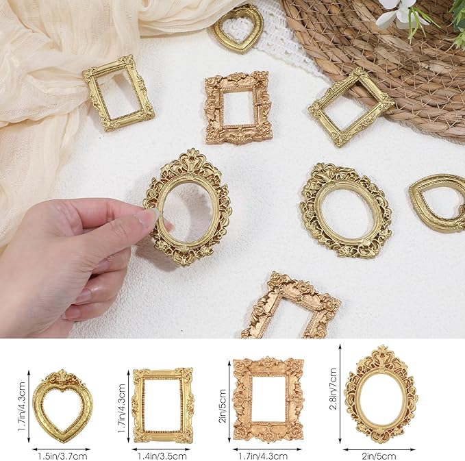 YUXIANLB 8 Pcs Miniature Dollhouse Mirror Set with Carved Golden Edges, European Style Victorian Baroque Wall Decor for 1/12 Scale Dollhouse Display, Mini Furniture Accessory Gold