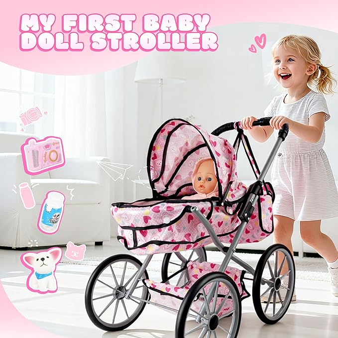 SMILESSKIDDO Baby Doll Stroller Toy Set - 12 Inch Soft Body Dolls with Accessories Dining Chair, Doll Clothes, Feeding Set for Realistic Pretent Play, Babydoll Care Gift for Toddler Girls 2+ Year Old