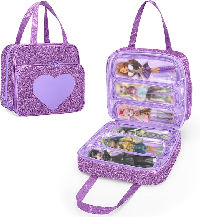 LoDrid Doll Case Compatible with Monster High Dolls with 6 Transparent Pockets for Display and Storage, Tote Bag with Front Pocket and Handle, Purple, Bag Only