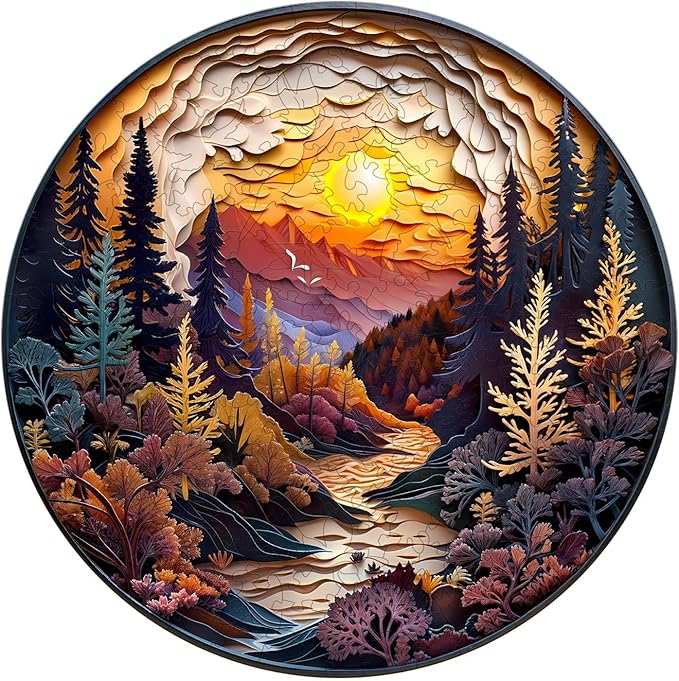 Wooden Puzzles for Adults, 3D Vision Effect-3D Sunset Forest Wood Puzzles Adult, Unique Shaped Wooden Jigsaw Puzzle, Birthday Gifts for Friends/Family/Puzzle Lovers, Home Decor(M-11.4 * 11.4in 200pcs)